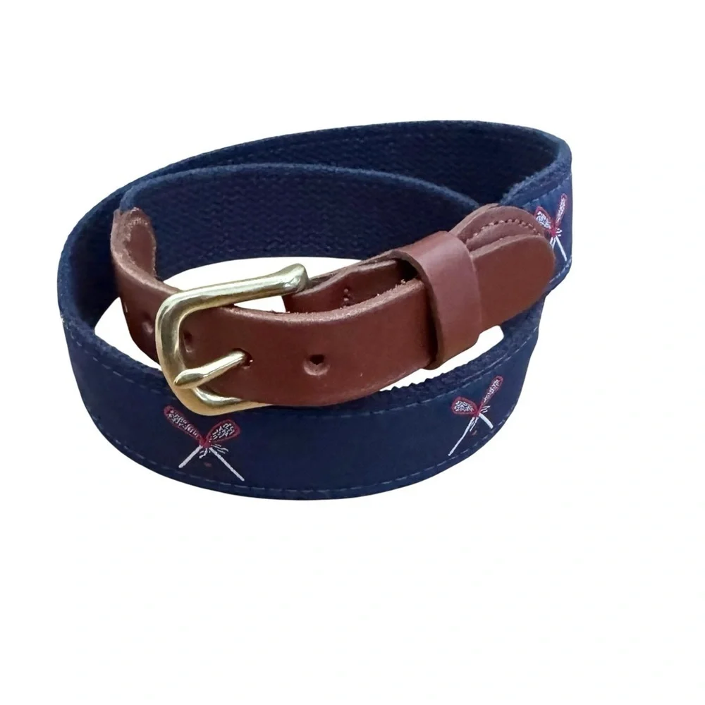 Leather Man Embroidered Lacrosse Belt Brass Buckle Leather Trim Navy Size 30